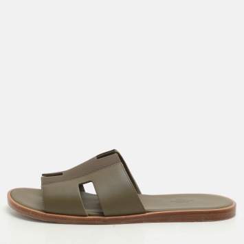 Pre Owned Hermes Green Leather and Canvas Izmir Sandals Size 43