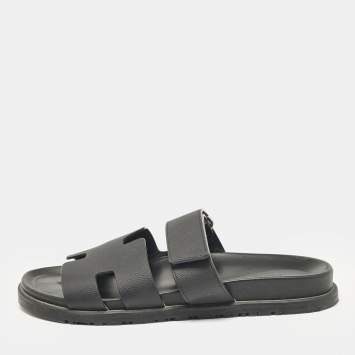 Pre Owned Hermes Black Leather Chypre Flat Sandals Size 41