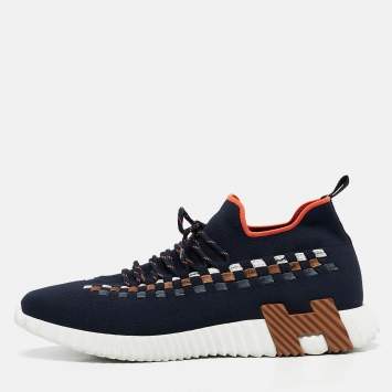 Pre Owned Hermes Navy Blue Knit Fabric Flex Lace Up Sneakers Size 45