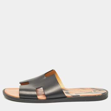 Pre Owned Hermes Black Leather Izmir Slides Size 43