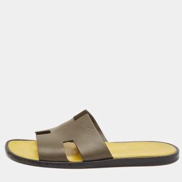 Pre Owned Hermes Grey Leather Izmir Flat Slides Size 42.5