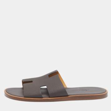 Pre Owned Hermes Dark Brown Leather Izmir Slide Sandals Size 43.5