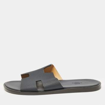 Pre Owned Hermes Navy Blue Leather Izmir Flat Slides Size 43.5
