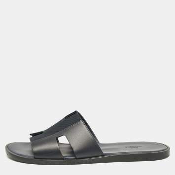 Pre Owned Hermes Navy Blue Leather and Canvas Izmir Flat Slides Size 45