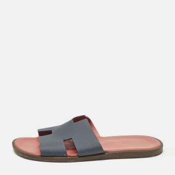 Hermes Navy Blue Leather Izmir Flat Slides Size 41.5
