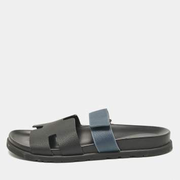 Pre Owned Hermes Black/Blue Leather Chypre Sandals Size 43 