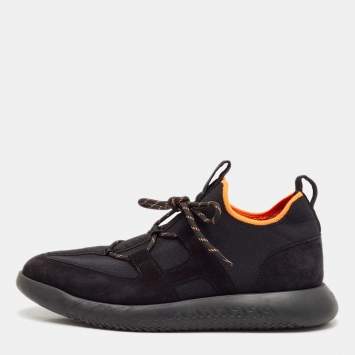 Pre Owned Hermes Black Leather And Fabric Team Sneakers Size 42