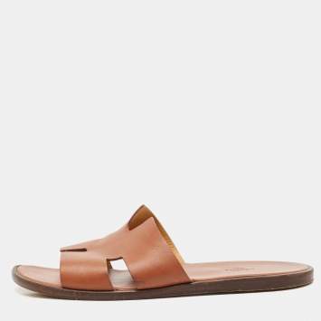 Pre Owned Hermes Tan Leather Izmir Flat Slide Sandals Size 45