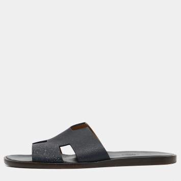 Pre Owned Hermes Navy Blue Leather Izmir Flat Sandals Size 44