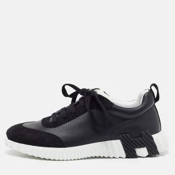 Pre Owned Hermes Black Leather and Suede Bouncing Low Top Sneakers Size 40.5