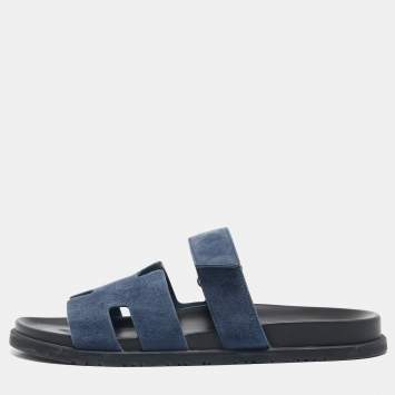 Hermès Navy Blue Suede Chypre Sandals Size 45.5