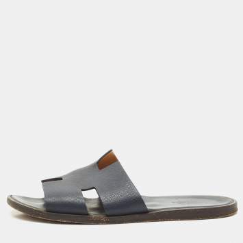 Pre Owned Hermes Navy Blue Leather Izmir Flat Slides Size 43