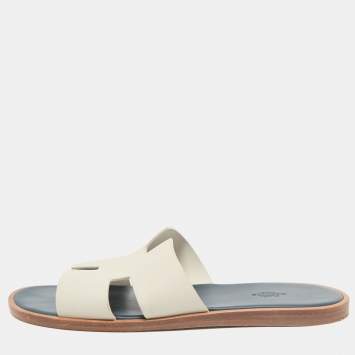 Pre Owned Hermes White/Blue Leather Izmir Flat Sandals Size 46