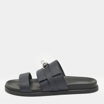 Hermes Navy Blue Leather Jackson Sandals Size 45