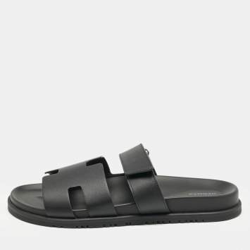 Hermes Black Leather Chypre Sandals Size 45.5