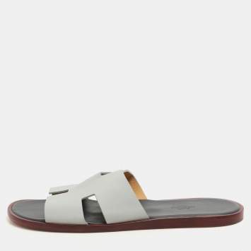 Pre Owned Hermes Grey/Navy Blue Leather Izmir Slip On Sandals Size 44
