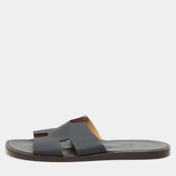 Hermes Navy Blue Leather Izmir Slides Size 44