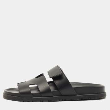 Hermes Black Leather Chypre Sandals Size 37