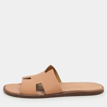 Hermes Beige Leather Izmir Flat Slides Size 41