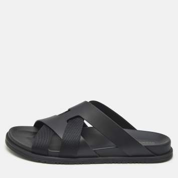 Hermes Black Leather and Fabric Kazimir Sandals Size 45.5