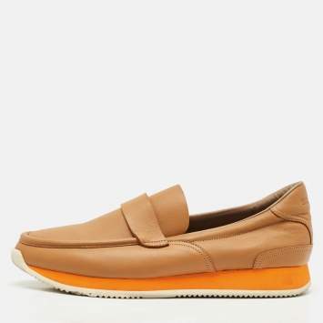 Pre Owned Hermes Brown Leather Slip On Loafers Size 41.5