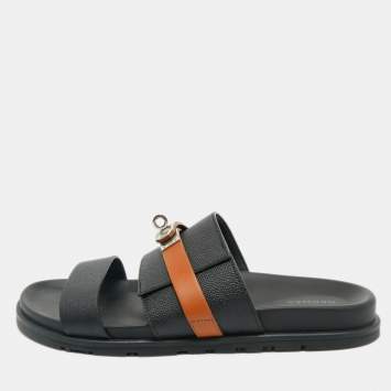 Hermes Black/Brown Leather Jackson Slide Sandals Size 41