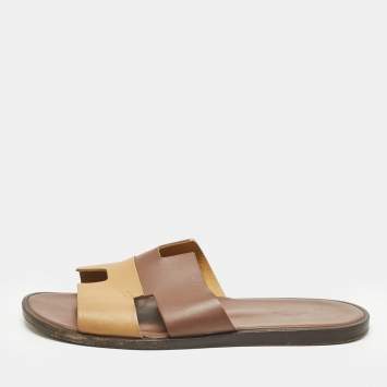 Pre Owned Hermes Two Tone Leather Izmir Flat Slides Size 43