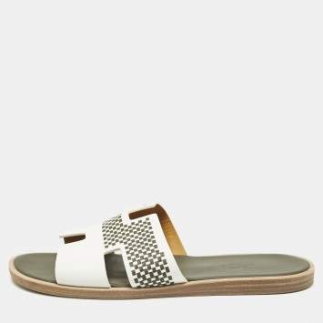 Pre Owned Hermes White/Brown Leather Izmir Flat Slides Size 42