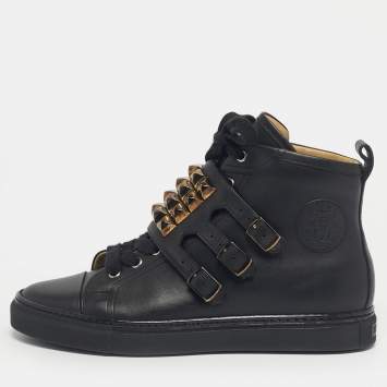 Pre Owned Hermes Black Leather Studded Lennox High Top Sneakers Size 40
