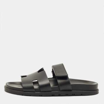 Pre Owned Hermes Black Leather Chypre Sandals Size 41.5