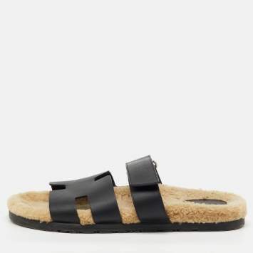 Pre Owned Hermes Black Leather Chypre Shearling Fur Flat Sandals Size 43