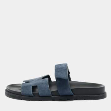 Pre Owned Hermes Dark Blue Suede Chypre Sandals Size 41.5