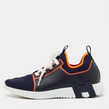 Pre Owned Hermes Navy Blue/Black Knit Fabric and Leather Depart Sneakers Size 42