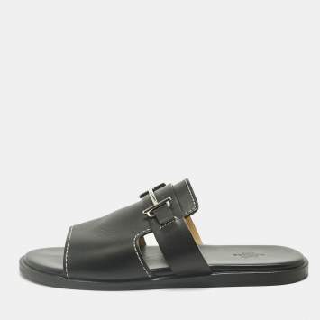 Pre Owned Hermes Black Leather Flat Slide Size 42