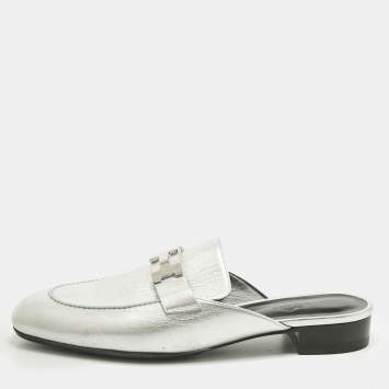 Pre Owned Hermès Silver Leather Trocadero Mules Size 41