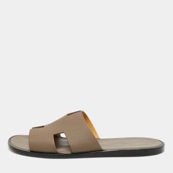 Pre Owned Hermes Brown Leather Izmir Flat Slides Size 44