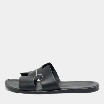 Pre Owned Hermes Black Printed Leather Izmir Flat Slides Size 43