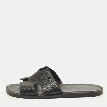 Pre Owned Hermes Izmir Size 42.5 Black Ostrich Leather Slide Sandals