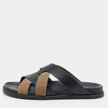 مملوكة مسبقًا Hermes Kazimir Size 45.5 Black/Grey Leather and Suede Flat Sandals
