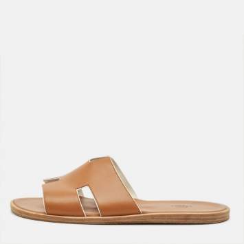مملوكة مسبقًا Hermes Izmir Size 46 Brown Leather Flat Slides 