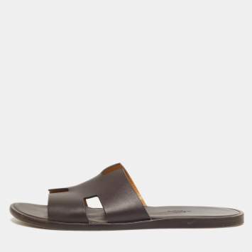 مملوكة مسبقًا Hermes Izmir Size 44.5 Dark Brown Leather Flat Slide
