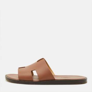 Pre Owned Hermes Izmir Size 40 Brown Leather Flat Slide