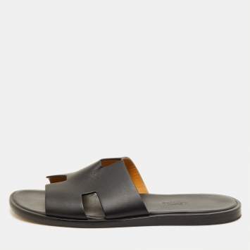مملوكة مسبقًا Hermes Izmir Size 40 Black Leather Flat Slide Sandals