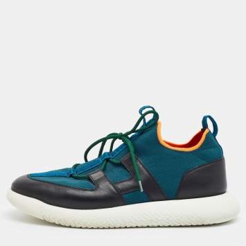 Pre Owned Hermes Duel Size 43 Two Tone Knit Fabric and Leather Low Top Sneakers