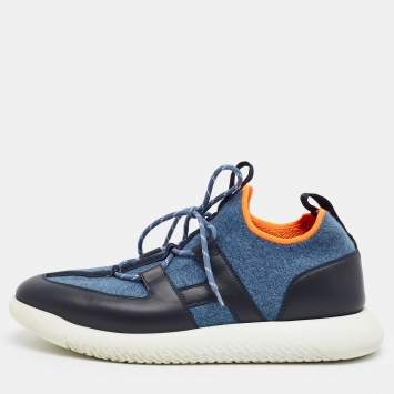 Pre Owned Hermes Duel Size 43 Two Tone Knit Fabric and Leather Low Top Sneakers