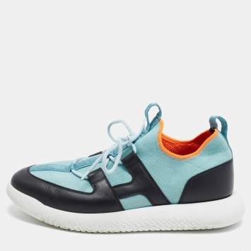 Pre Owned Hermes Duel Size 43 Blue/Black Knit Fabric and Leather Low Top Sneakers
