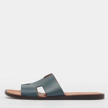 Pre Owned Hermes Izmir Size 44 Blue Leather Flat Slides 