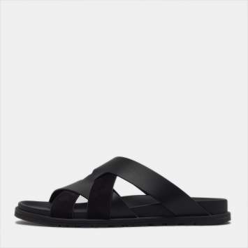 مملوكة مسبقًا Hermes kazimir Size 43 Black Leather and Suede Flat Slide