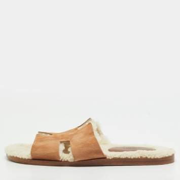 مملوكة مسبقًا Hermès Izmir Size 44 Brown Leather And Fur Flat Slides 