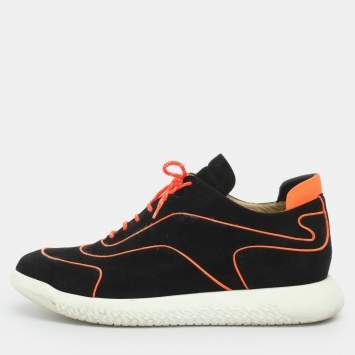 Pre Owned Hermes Volt Size 44 Black/Neon Orange Suede Low Top Sneakers